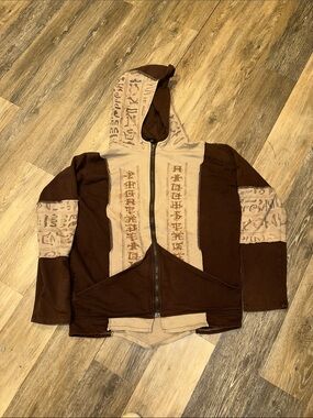Brown and Beige Zip-Up Hoodie with Tribal Print